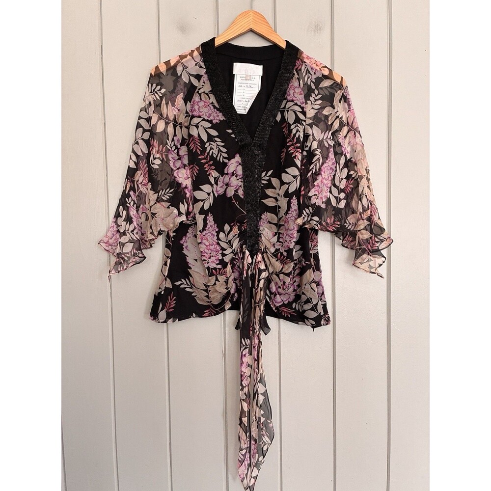 Y2K Badgly Mischka Top 14 Designer Silk Fairy Beaded Pink Black Vintage Chiffon